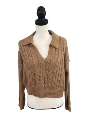 Women's Cable Knit Collared V-Neck Sweater - Camel Brown